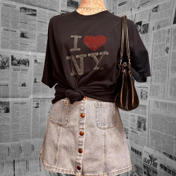 Vintage I Love NY T-Shirt XL Black Rhinestone Graphic Fruit of the Loom Y2K Top - Picture 1 of 6